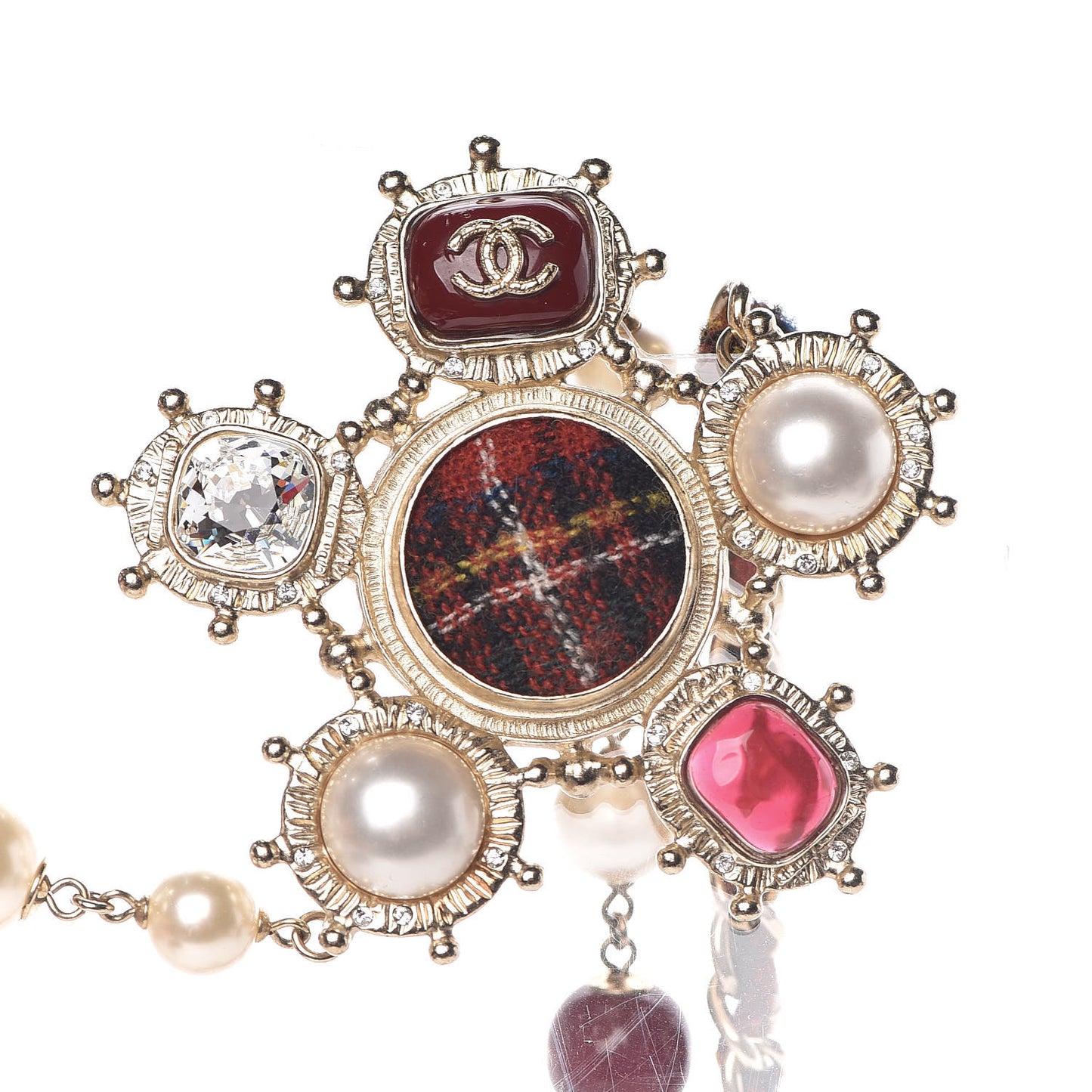 Gripoix Crystal Pearl Tweed Medallion Necklace Red Gold