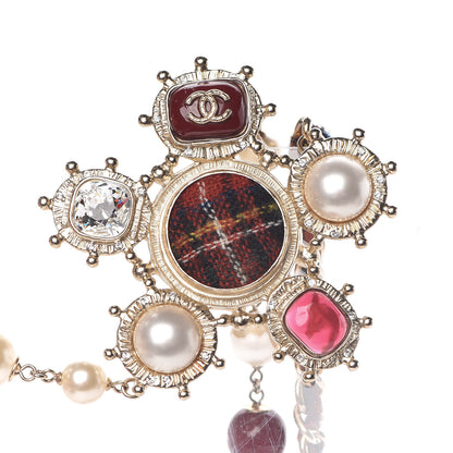 Chanel Gripoix Crystal Pearl Tweed Medallion Necklace Red Gold 6 of 6