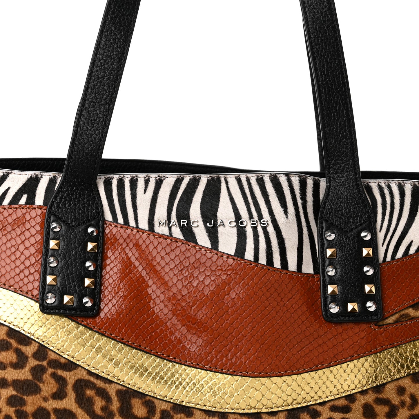 Metallic Calfskin Snakeskin Embossed Pony Hair Print Nomad Patchwork Tote Bag Black Multicolor