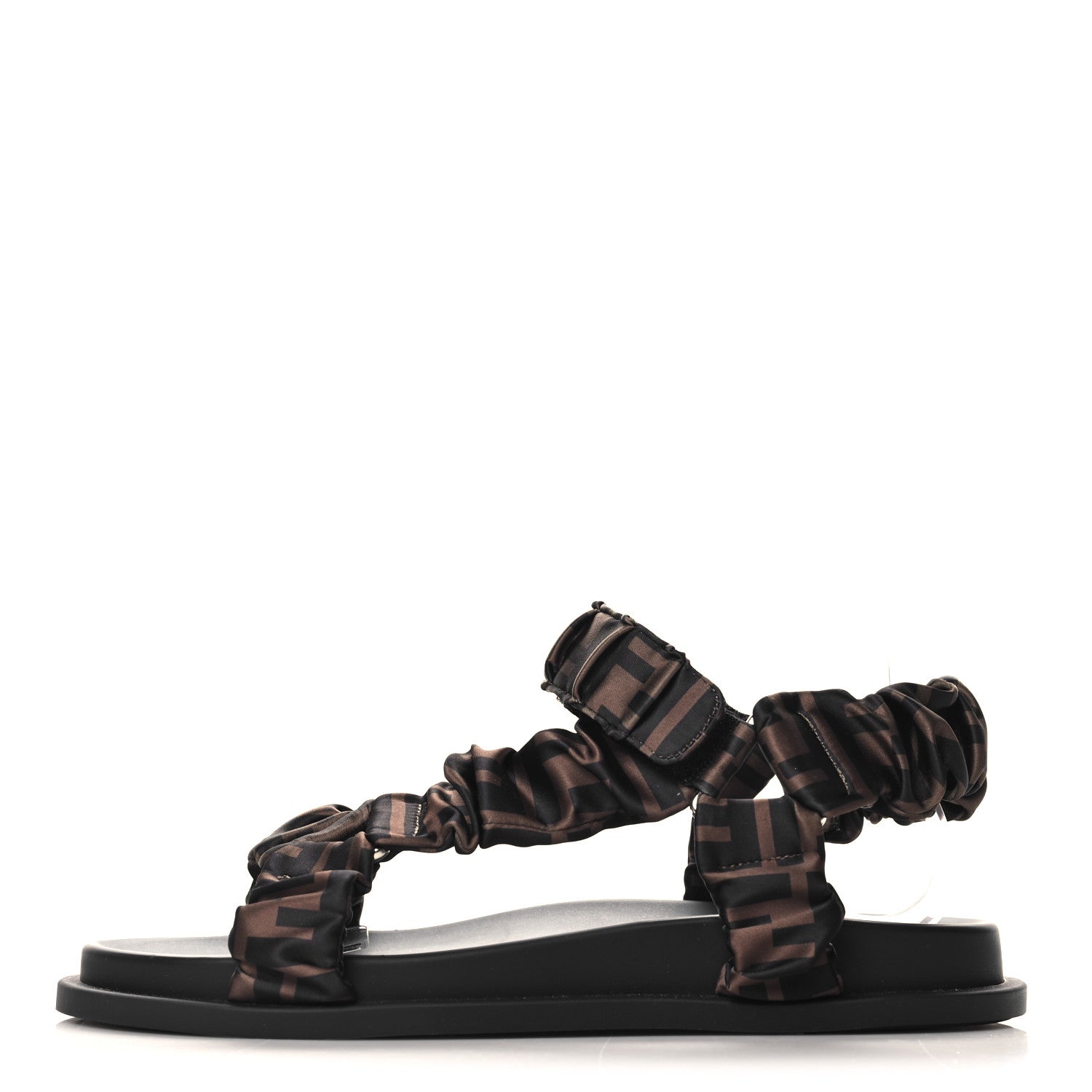 Fendi Satin FF Ruched Sandals 39.5 Tobacco Black 1 of 8