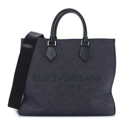 Dolce & Gabbana Canvas Calfskin Embroidered Logo Large Edge Shopper Tote Blue 1 of 8