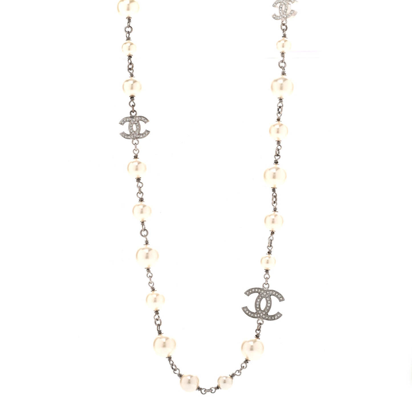 Graduated Pearl Crystal CC Long Necklace Silver