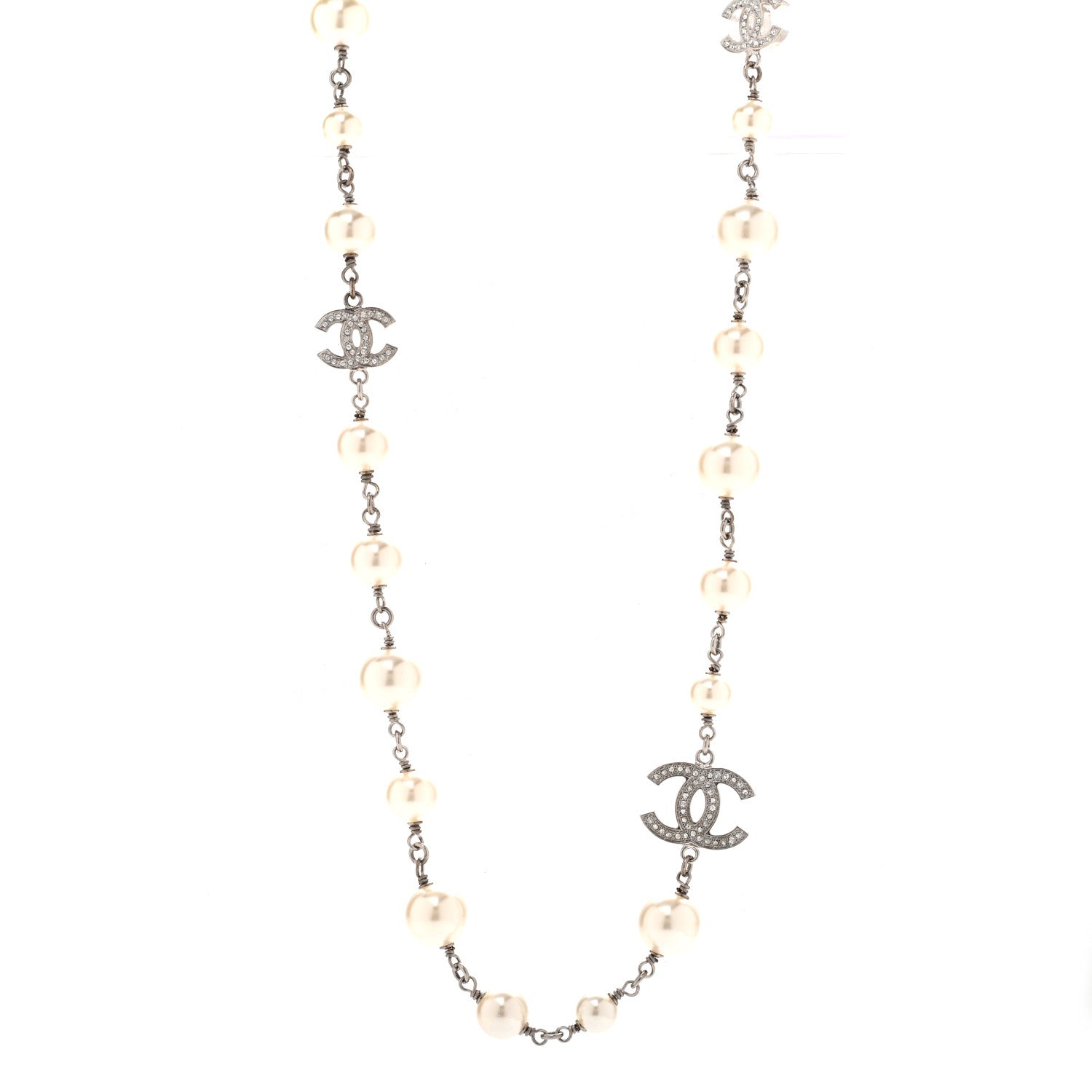 Chanel Graduated Pearl Crystal CC Long Necklace Silver 1 of 8