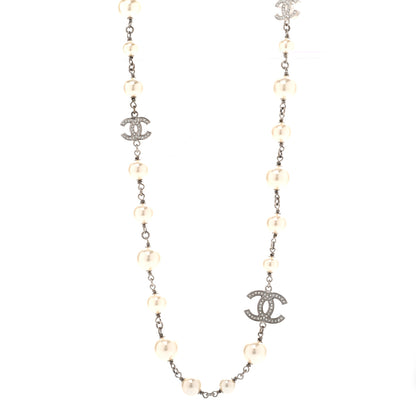Chanel Graduated Pearl Crystal CC Long Necklace Silver 1 of 8
