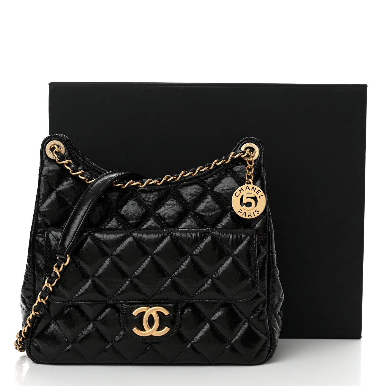 Chanel Shiny Crumpled Calfskin Quilted Wavy CC Hobo Black 10 of 10