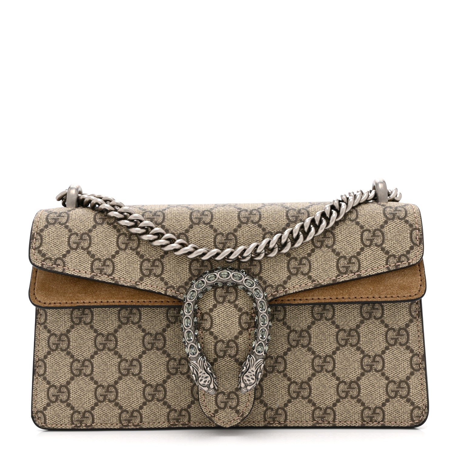 Gucci GG Supreme Monogram Suede Crystal Small Dionysus Shoulder Bag Beige Ebony Taupe 1 of 11