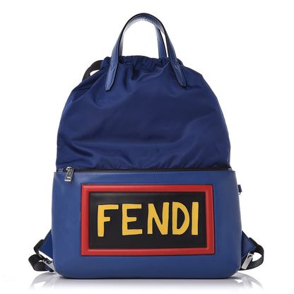 Fendi Nylon Vitello Century Vocabulary Drawstring Backpack Blue Cobalto Blue Neon Sunflower 1 of 9