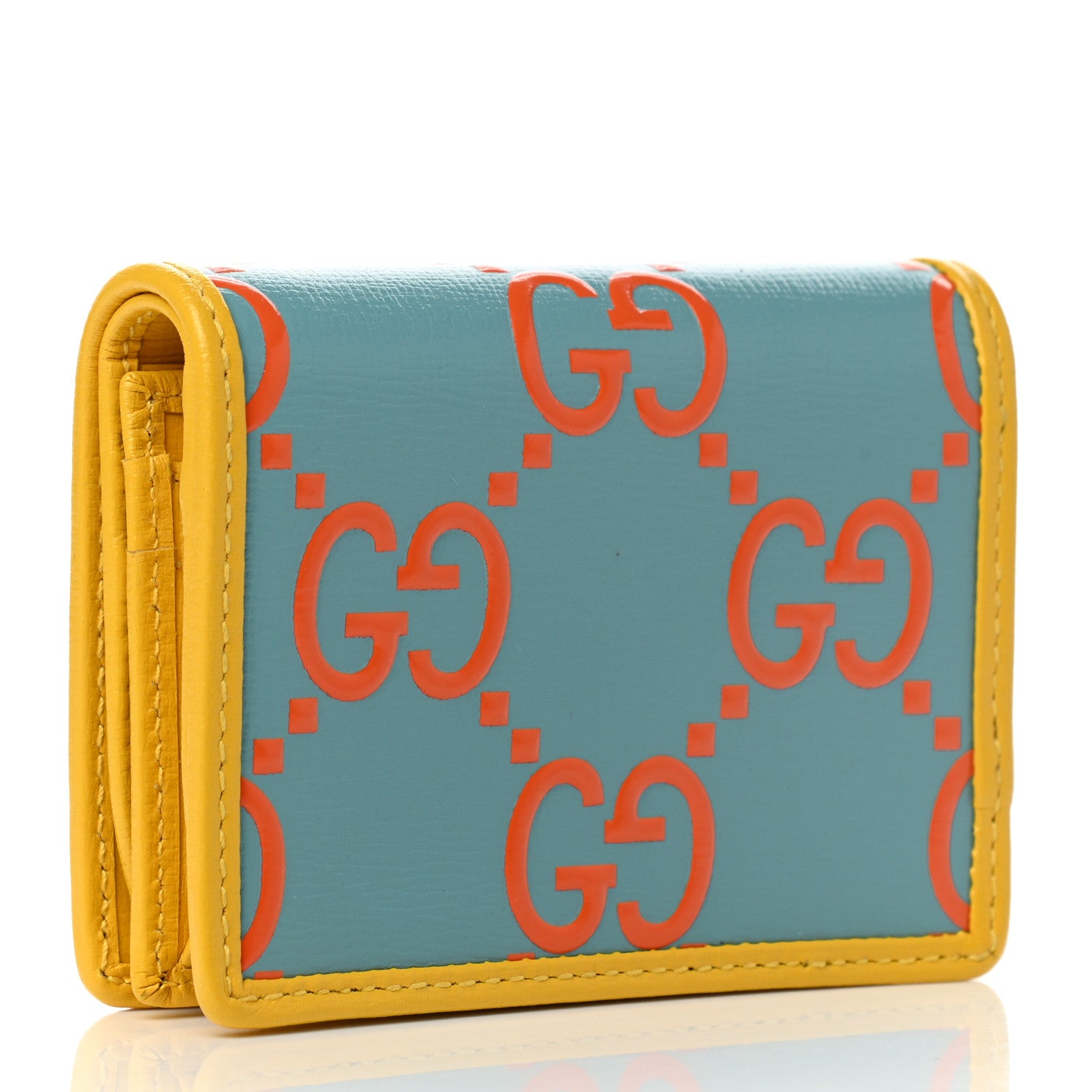 Gucci Azalea Calfskin GG Monogram Bi-Color Debossed Horsebit 1955 Card Case Wallet Dusty Azure Stone Topaz Deep Orange 3 of 8
