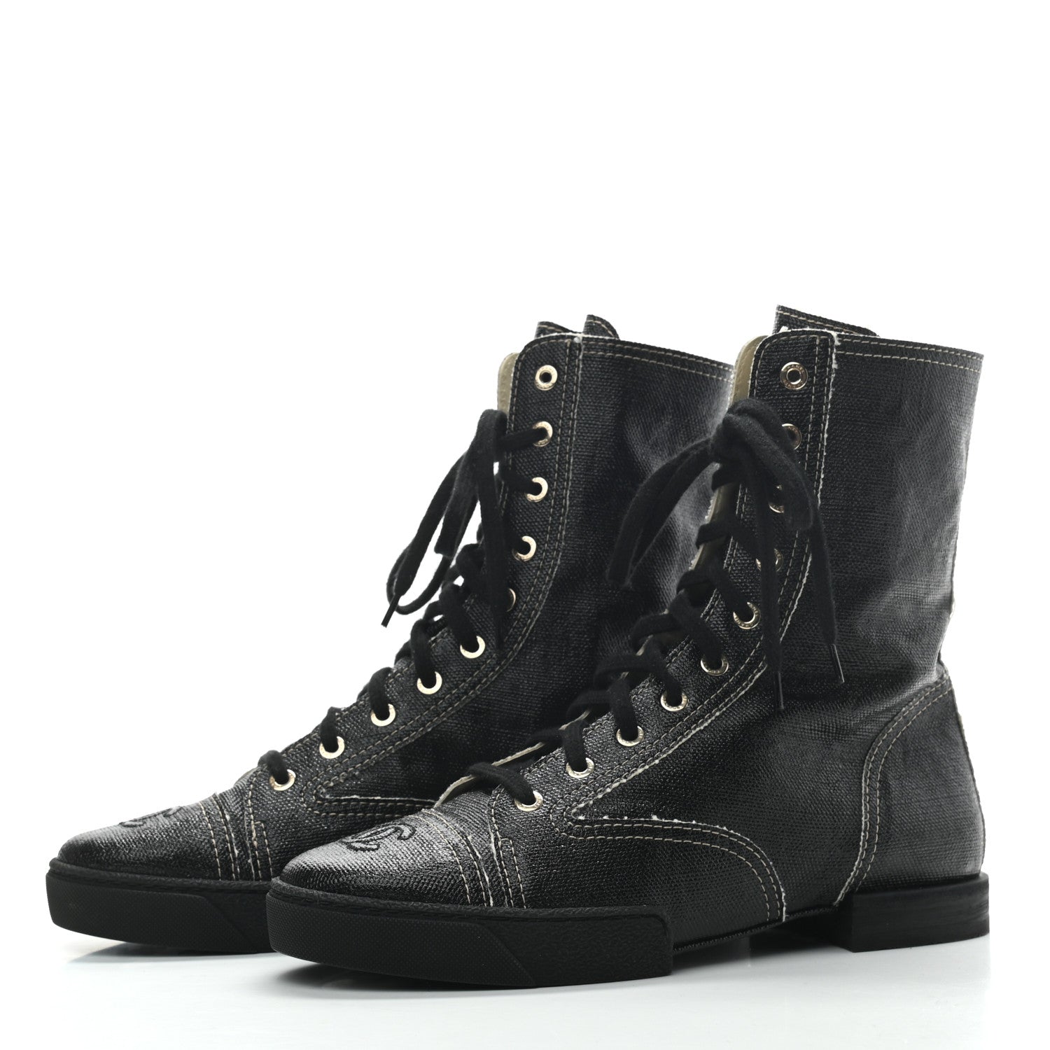 Chanel Coated Canvas Lace Up Combat Boots 39 Black 3 of 8
