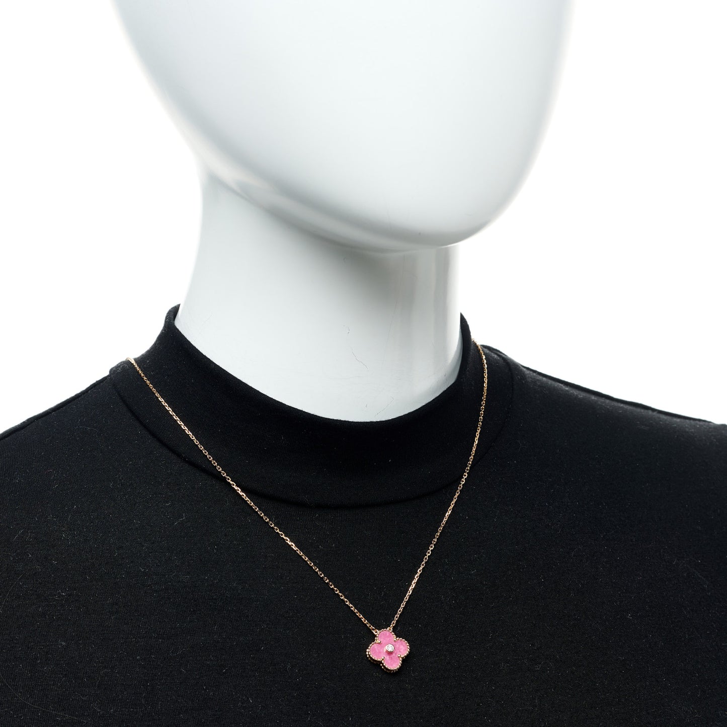 18K Rose Gold Diamond Rhodonite Vintage Alhambra Pendant Necklace