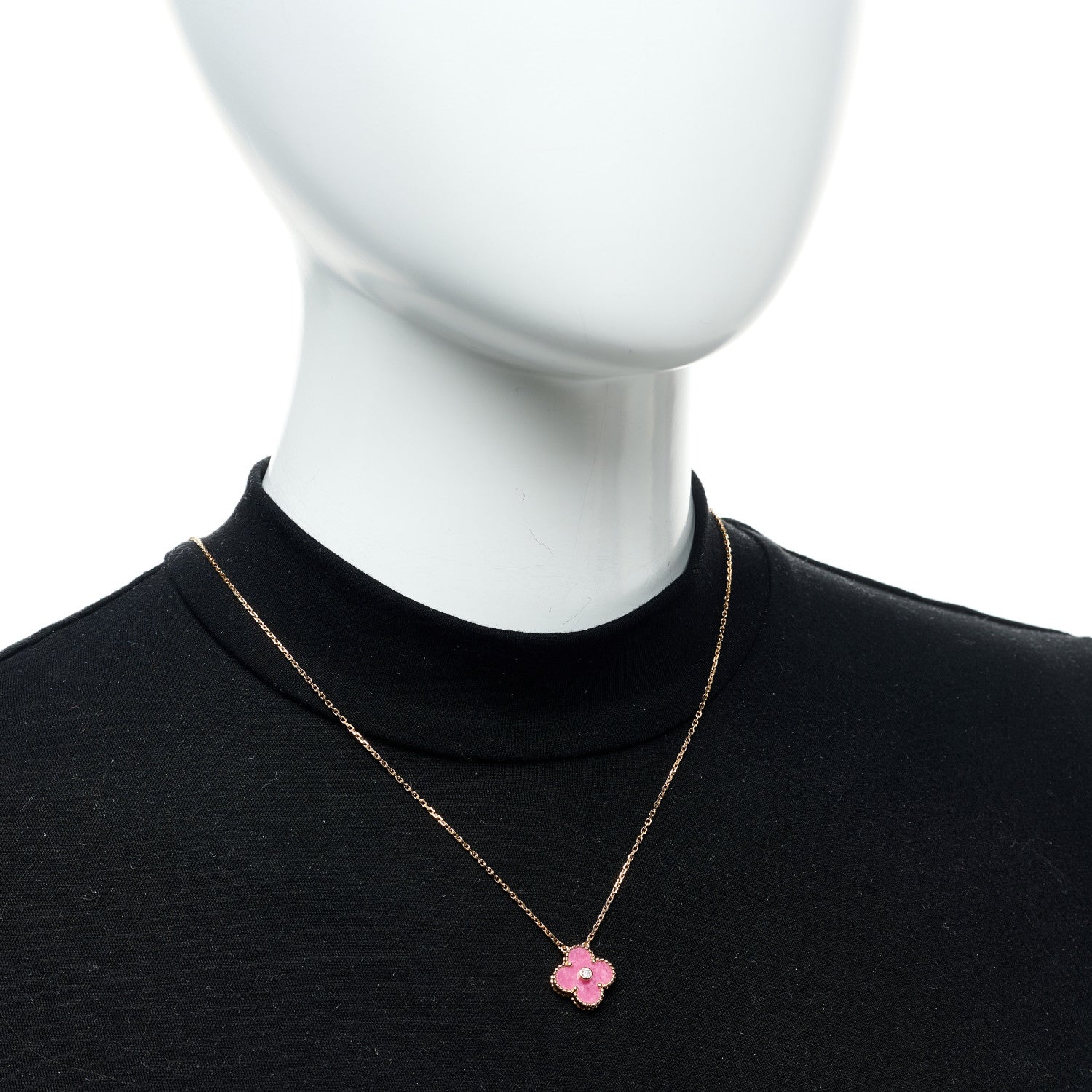 Van Cleef & Arpels 18K Rose Gold Diamond Rhodonite Vintage Alhambra Pendant Necklace 2 of 6