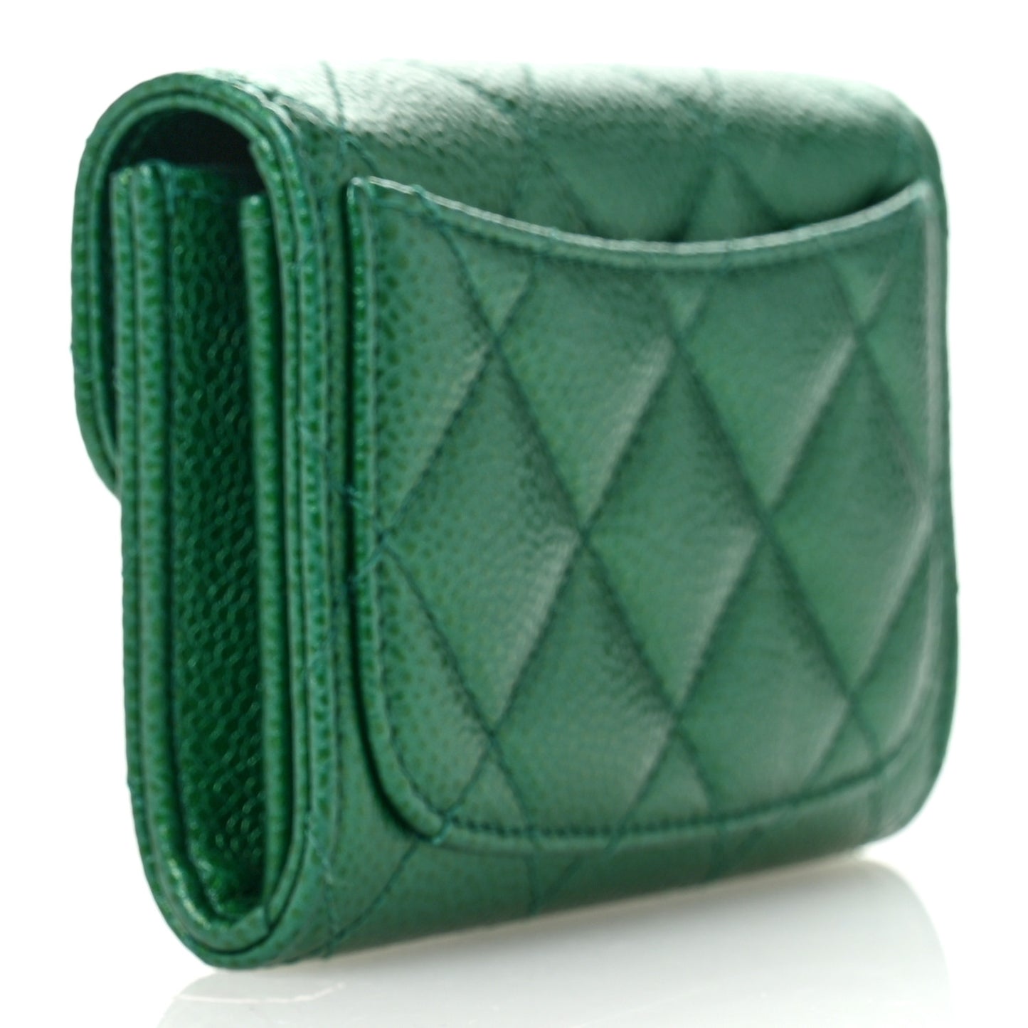 Metallic Caviar Quilted Flap Card Holder Wallet Green
