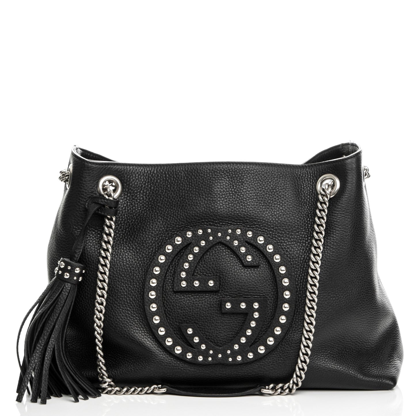 Pebbled Calfskin Studded Medium Soho Chain Shoulder Bag Black