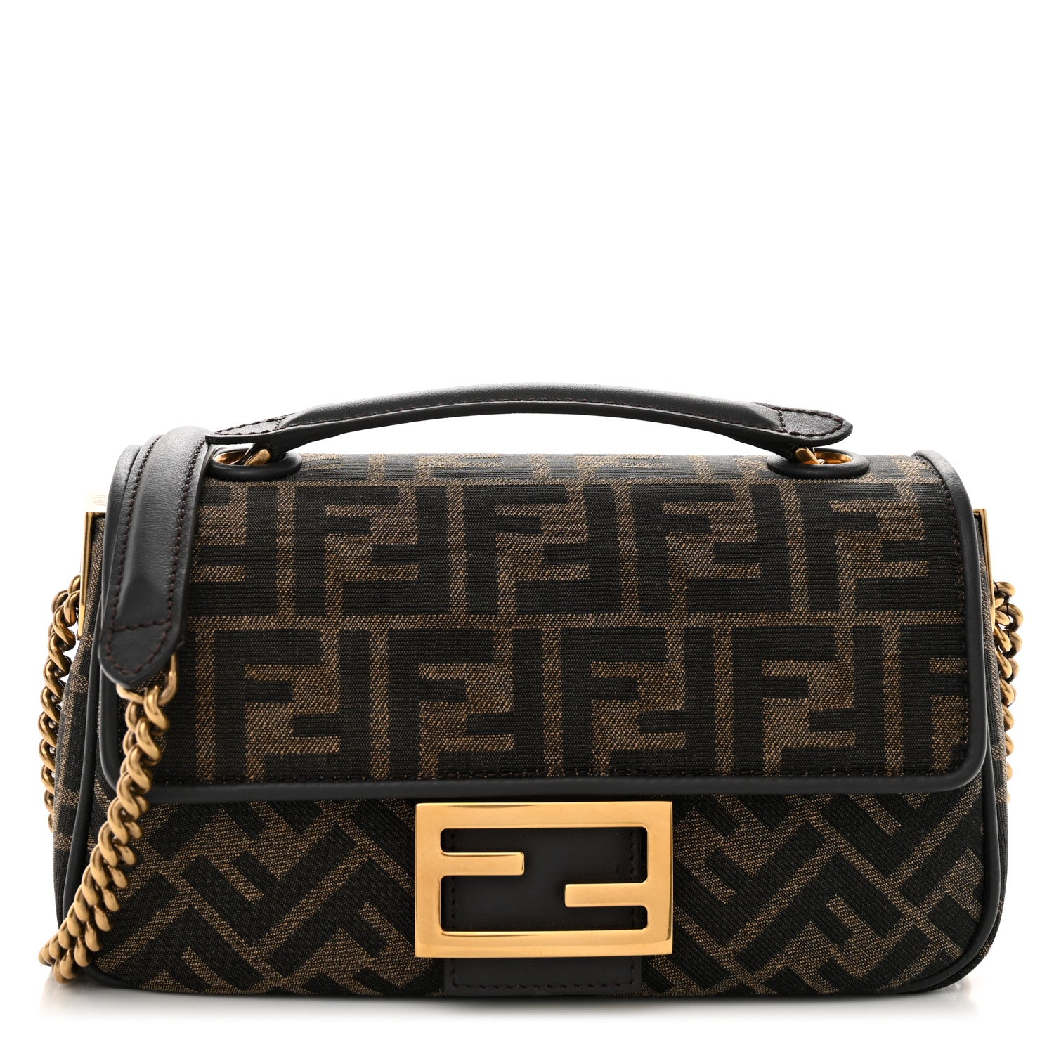 Fendi Fabric Jacquard FF 1974 Midi Chain Baguette Tobacco Moro 1 of 10