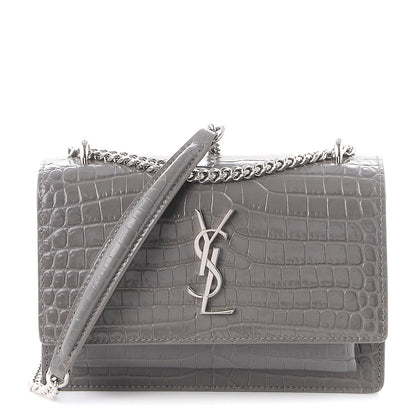 Saint Laurent Calfskin Crocodile Embossed Monogram Sunset Chain Wallet Fog 1 of 9