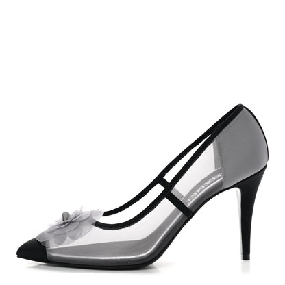 Chanel Mesh Grosgrain Camellia Pumps 40 Grey Black 1 of 7