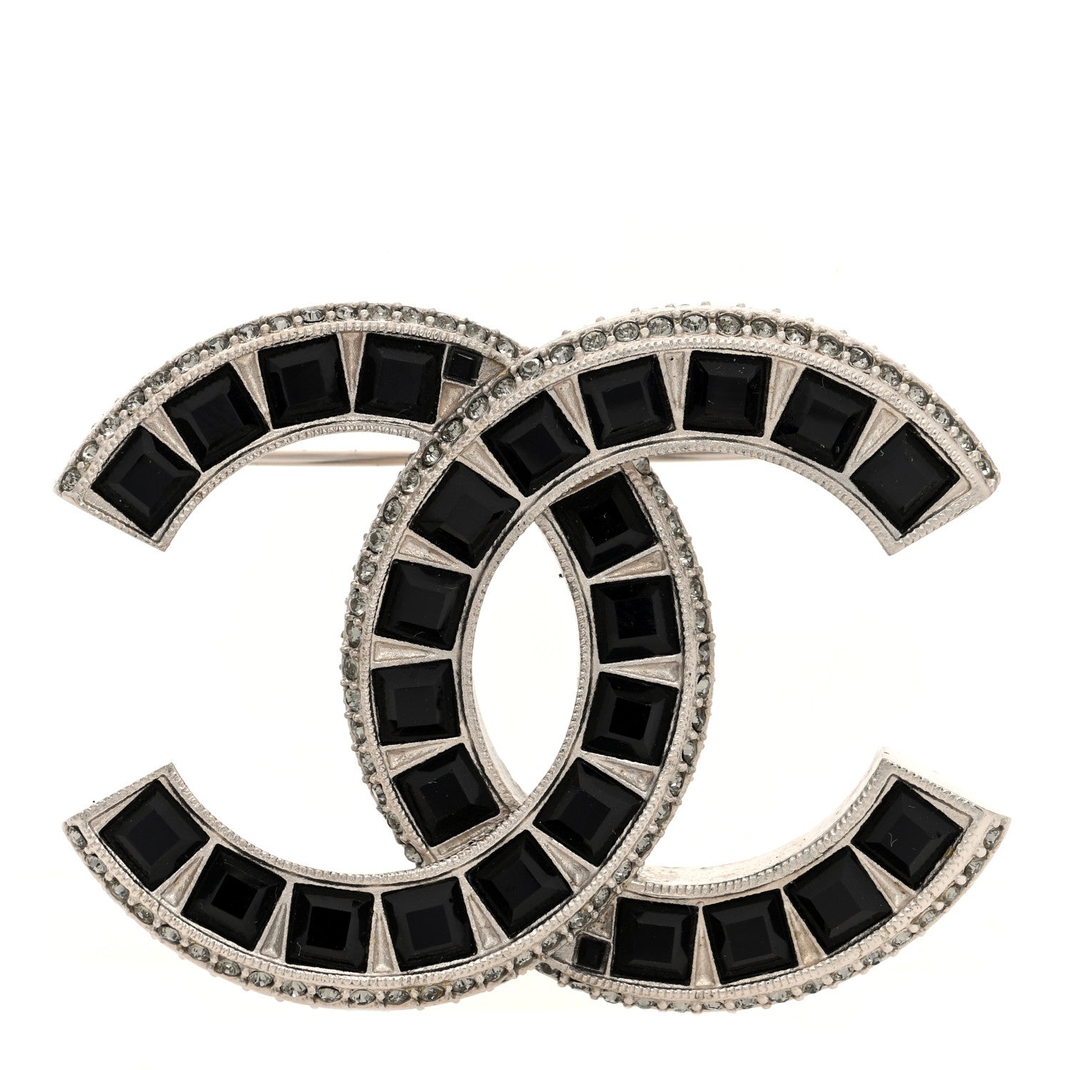 Chanel Baguette Crystal CC Brooch Silver Black 1 of 4
