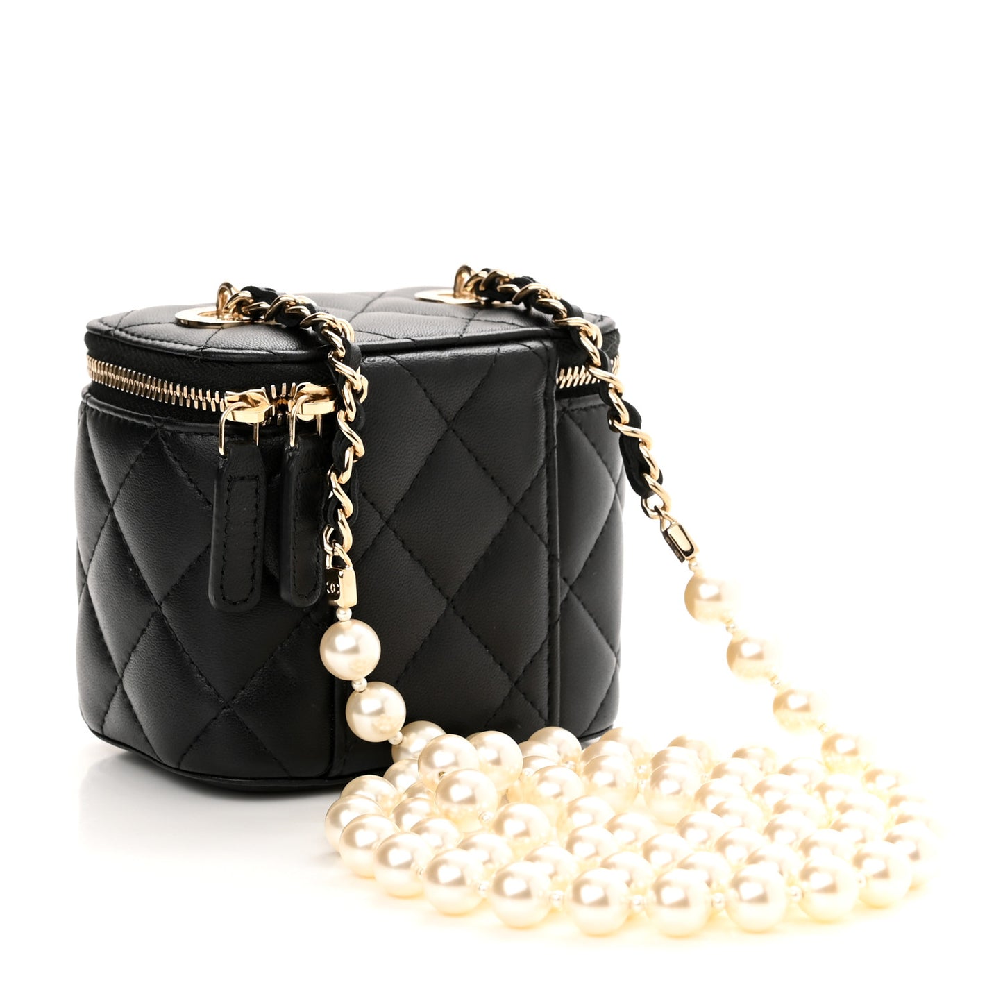 Lambskin Quilted Mini Vanity Case With Pearl Chain Black