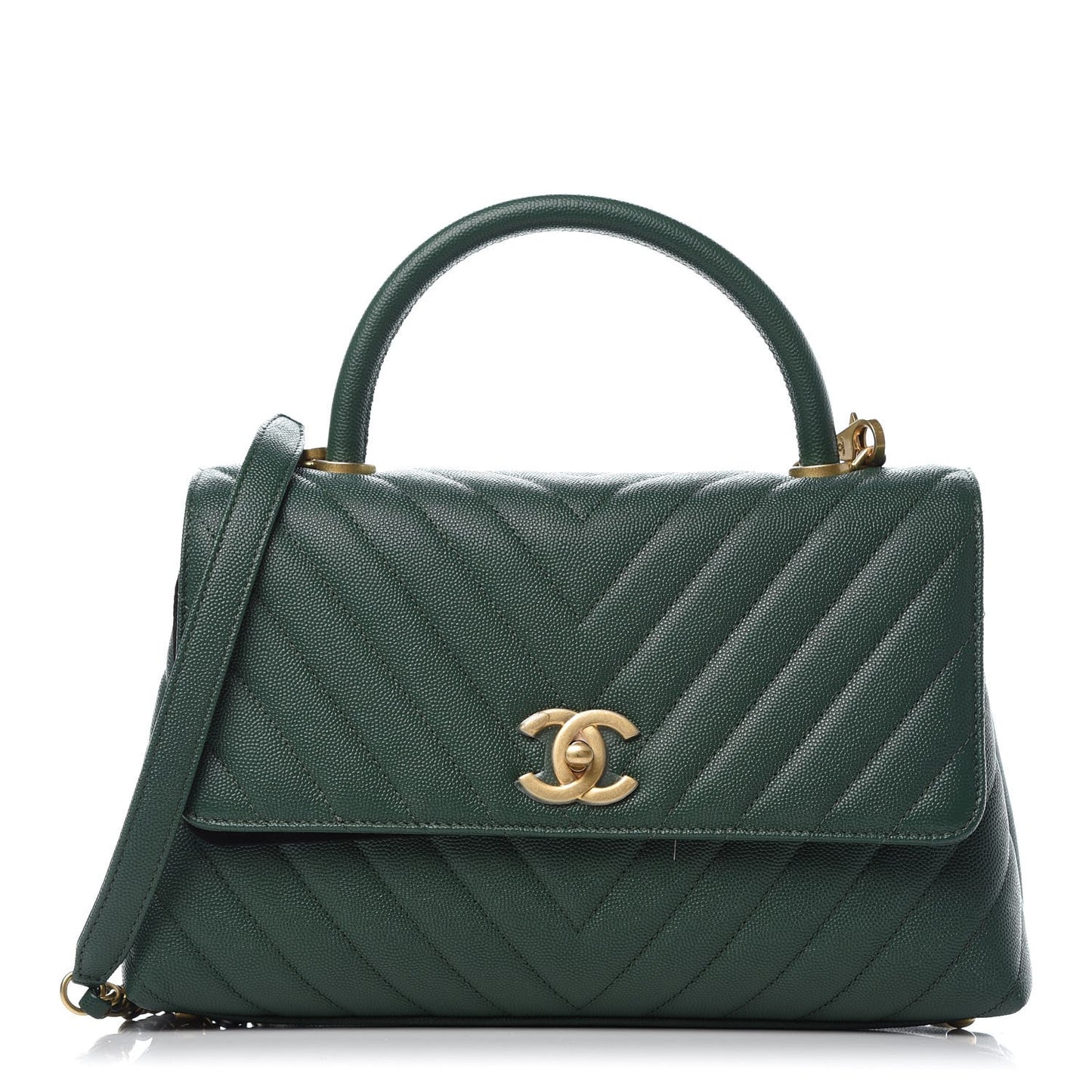 Caviar Chevron Quilted Small Coco Handle Flap Dark Green