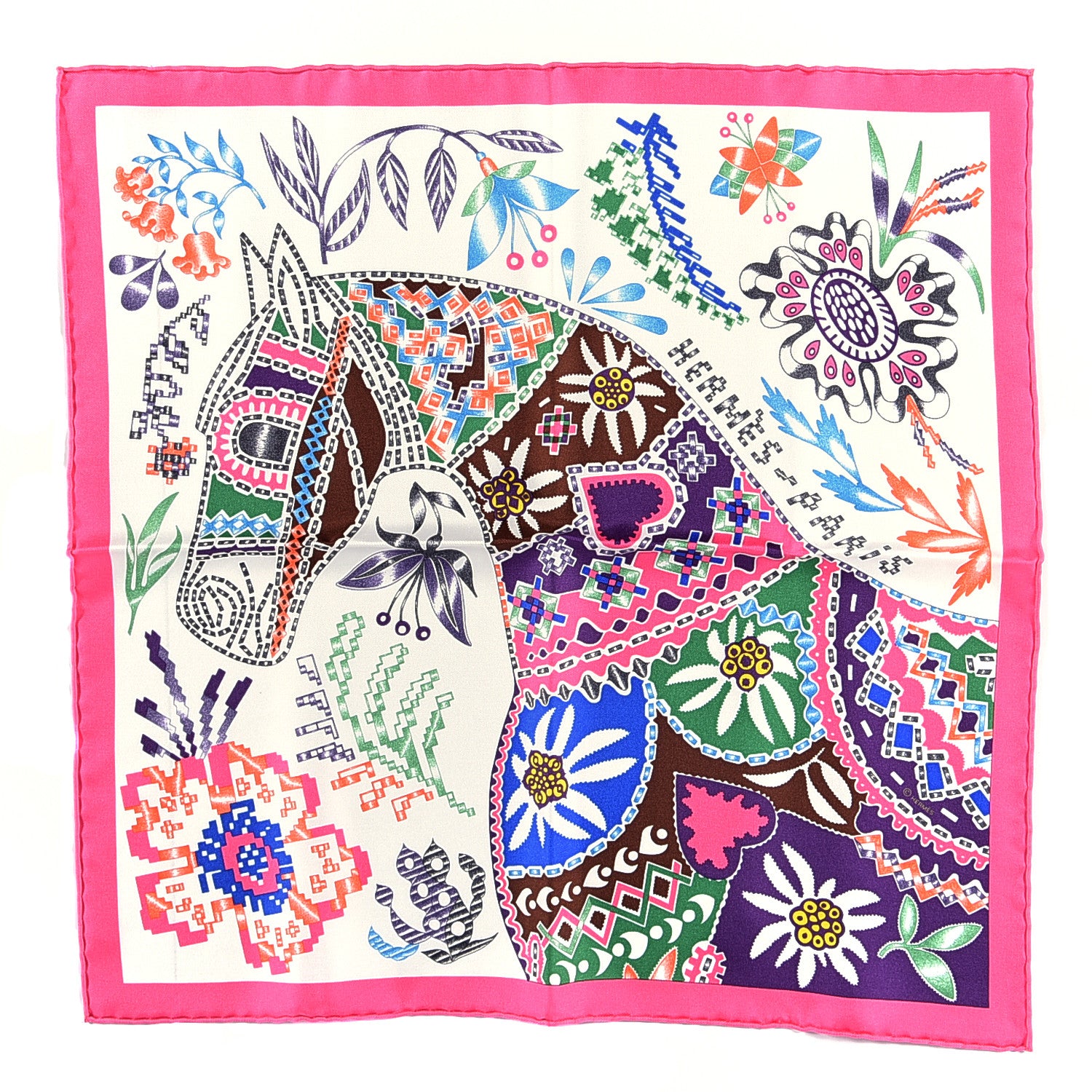 Hermes Silk Gavroche En Attendant Ulysse Scarf 45 Rose Vif Blanc Rose Vif White Multicolor 1 of 3