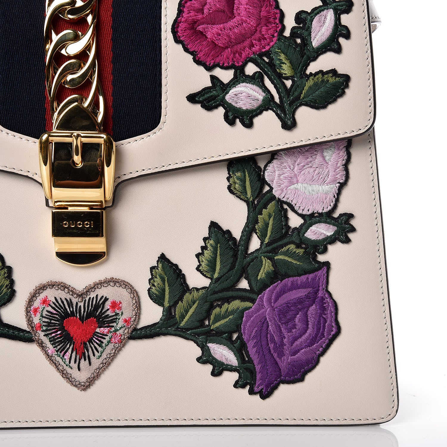 Gucci Calfskin Embroidered Medium Sylvie Top Handle Bag White 17 of 21