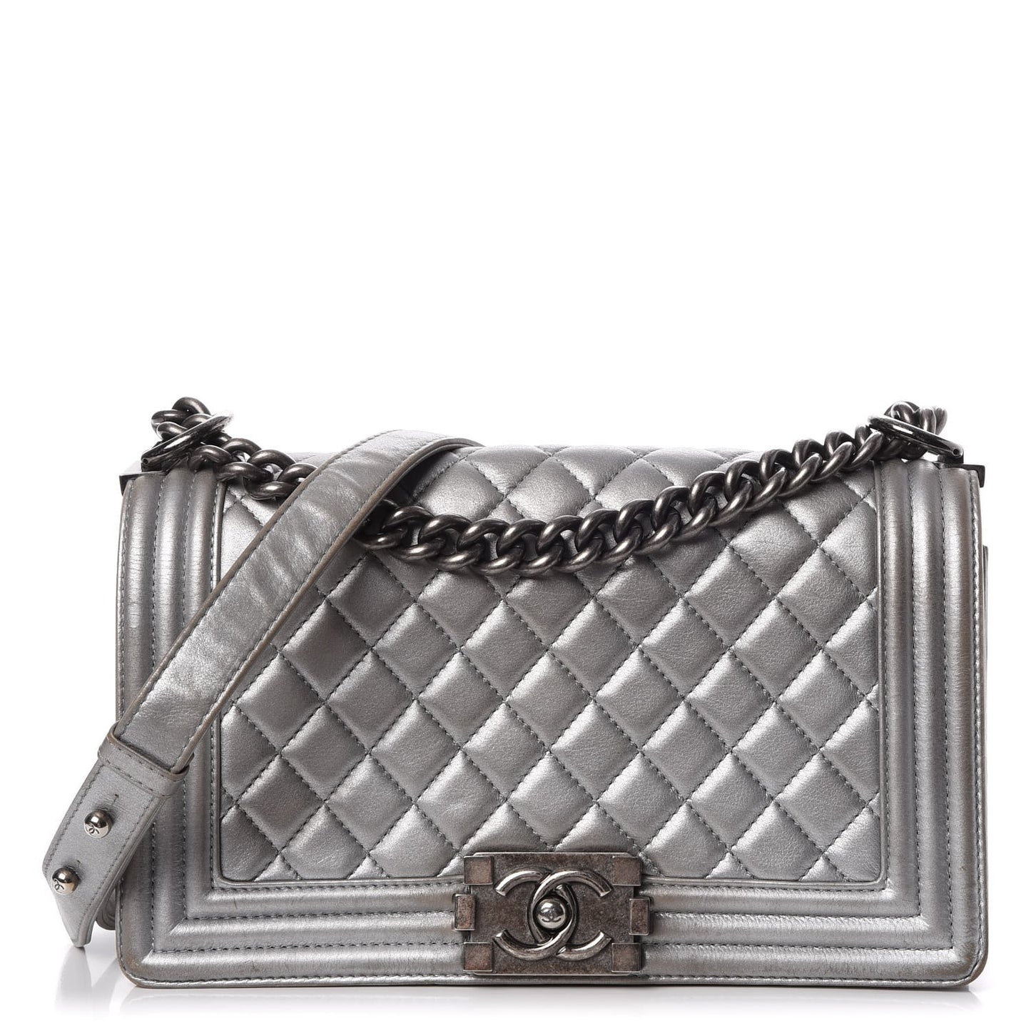 Metallic Calfskin Quilted Medium Boy Flap Silver