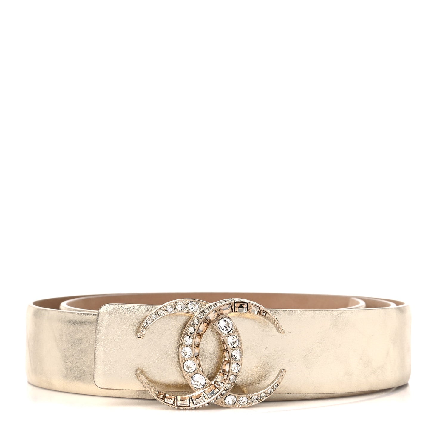 Metallic Calfskin Baguette Crystal CC Belt 85 34 Gold
