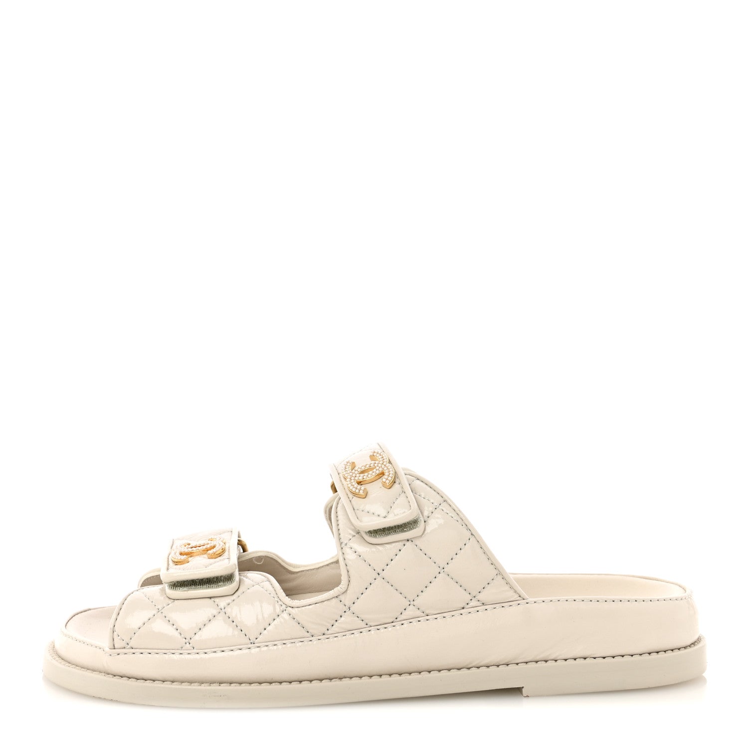 Chanel Shiny Calfskin Pearl Quilted Velcro Dad CC Slide Sandals 39 Light Beige 1 of 9