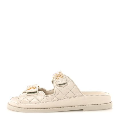 Chanel Shiny Calfskin Pearl Quilted Velcro Dad CC Slide Sandals 39 Light Beige 1 of 9