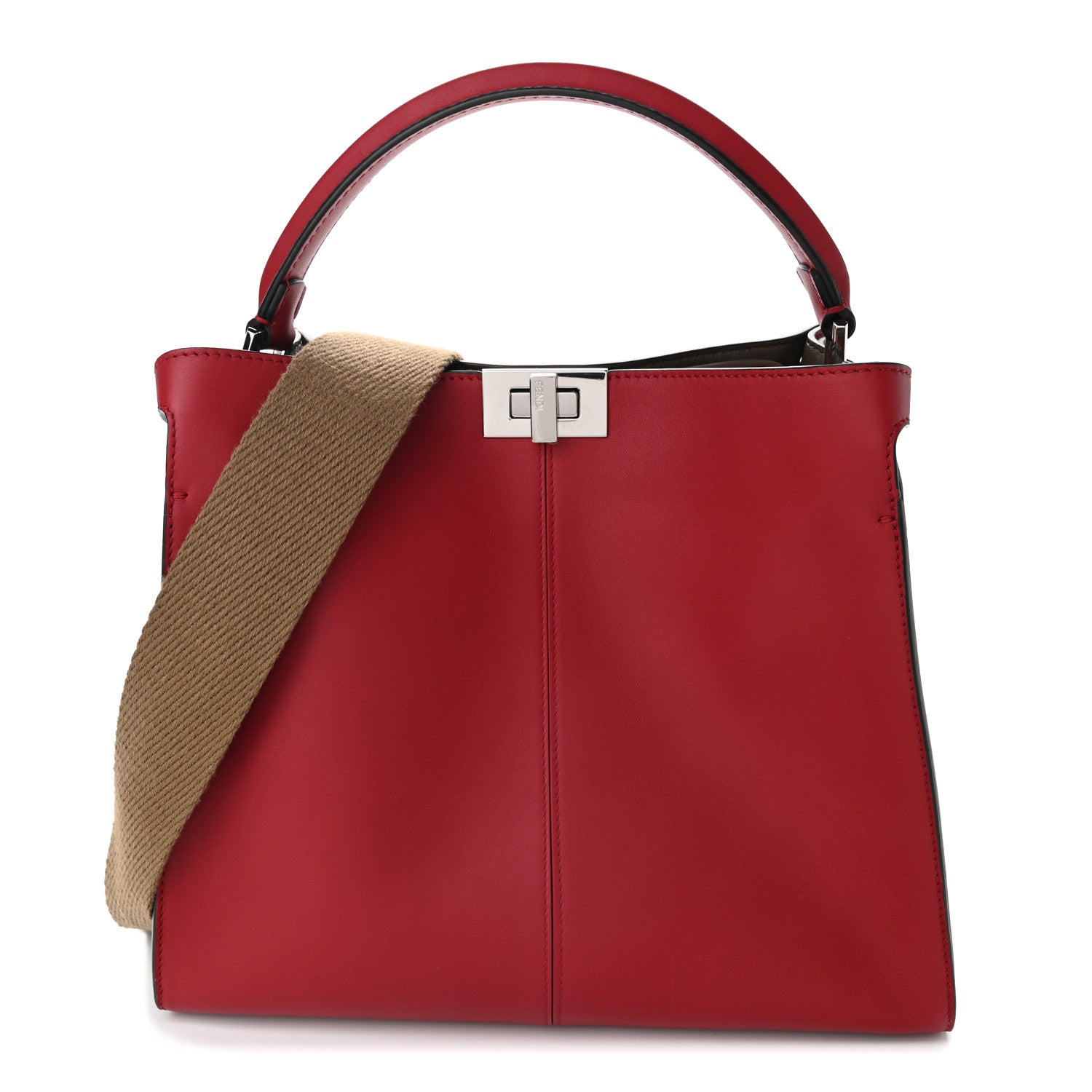 Fendi Vitello Seta Glazed Fabric FF 1974 Medium Peekaboo X-Lite Fragola Mogano Panna 1 of 9