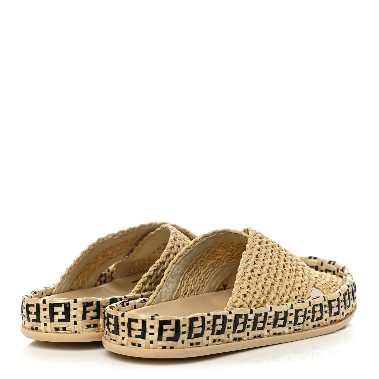Fendi Raffia FF Woven Reflections Crisscross Slide Sandals 37.5 Naturale Black 4 of 10