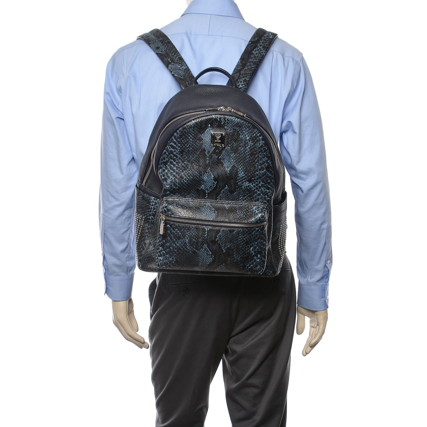 Snakeskin Embossed Visetos Studded Medium Stark Backpack Blue