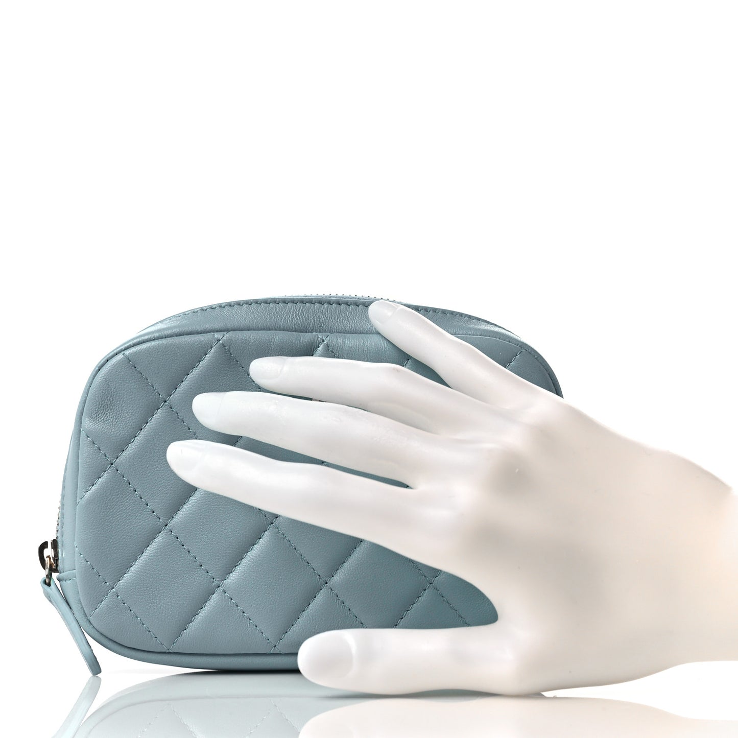 Lambskin Quilted Small Curvy Pouch Cosmetic Case Light Blue