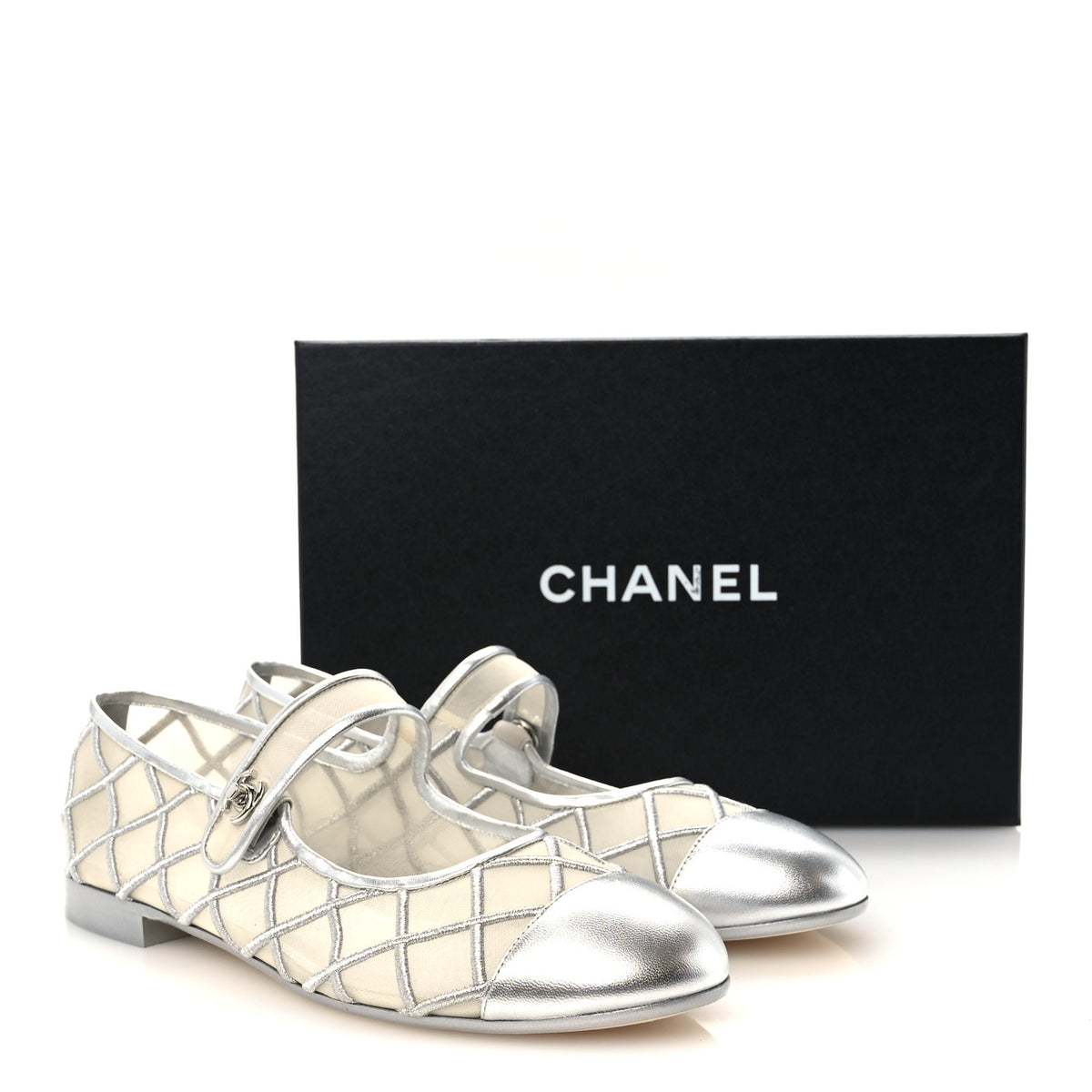 Chanel Laminated Lambskin Mesh Embroidered Quilted Mary Jane Cap Toe Flats  41 Silvered 9 of 9