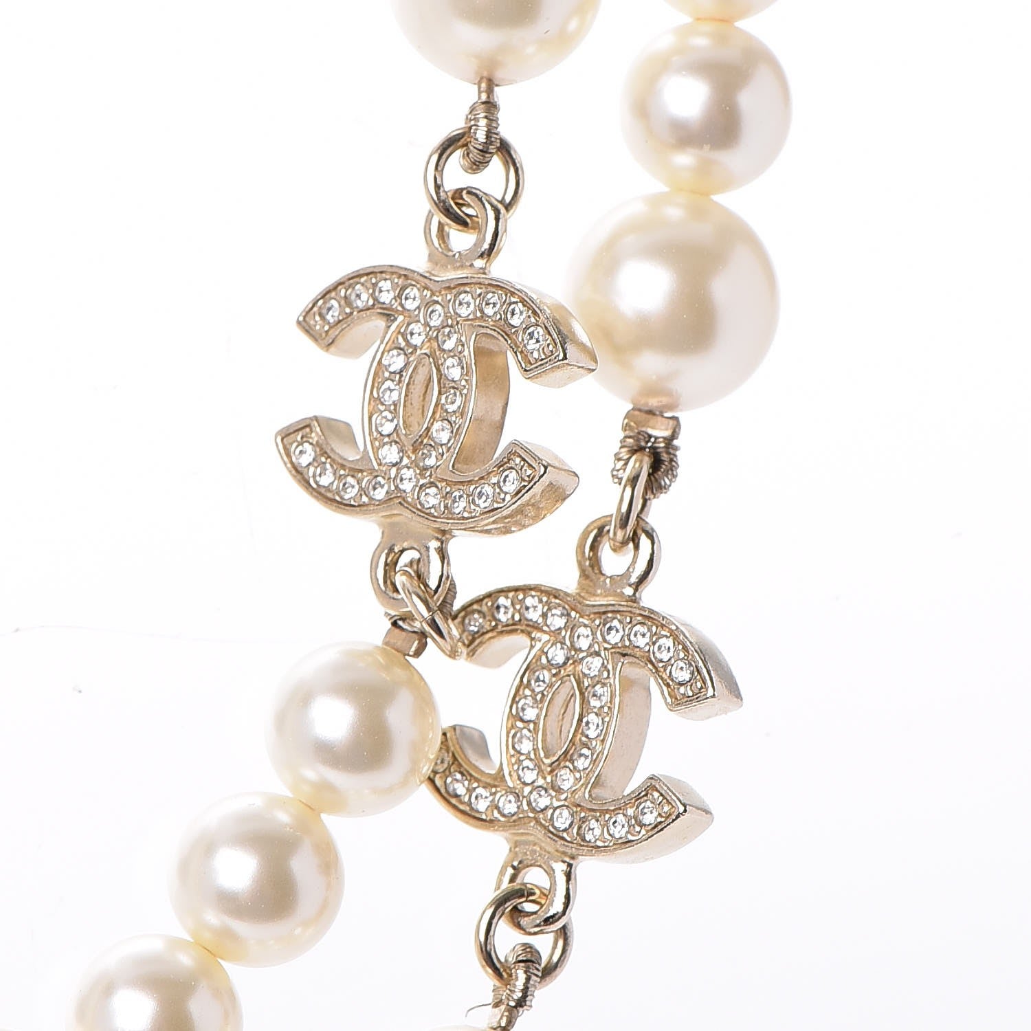 Chanel Graduated Pearl Crystal CC Long Necklace Light Gold 4 of 7