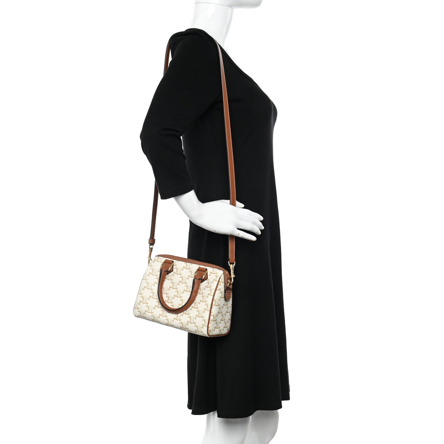 Triomphe Canvas Calfskin Small Boston Bag White