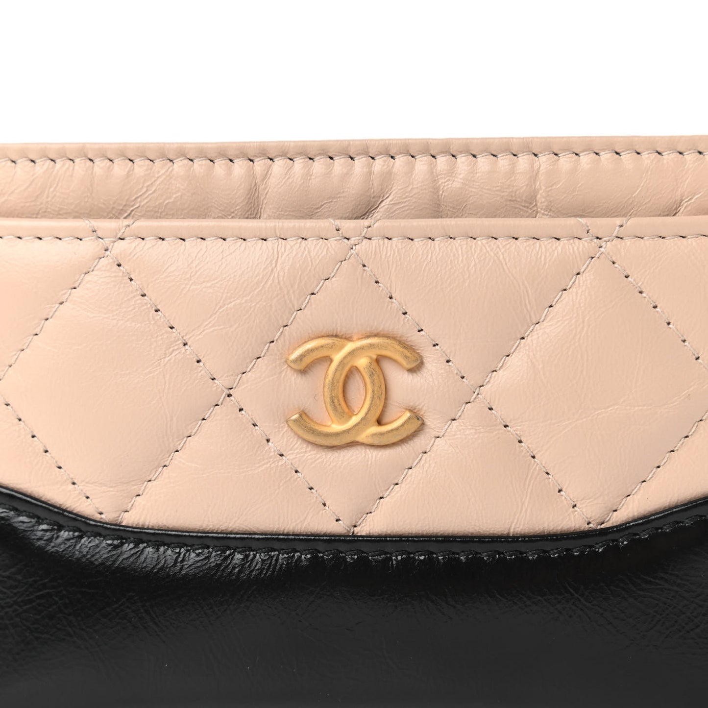 Aged Calfskin Quilted Gabrielle Card Holder Wallet Beige Black