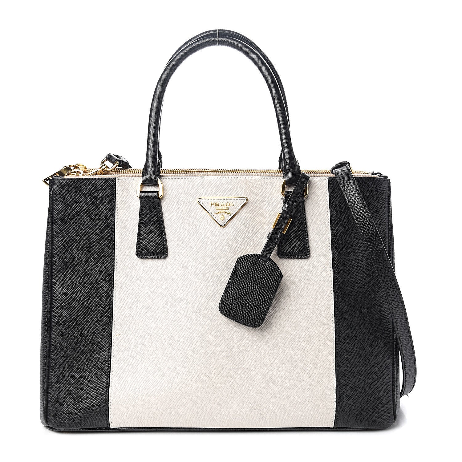 Prada Saffiano Lux Colorblock Medium Galleria Double Zip Tote Black Talco 1 of 13