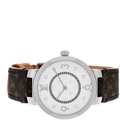 Louis Vuitton Stainless Steel Monogram Diamond 33mm Tambour Slim Quartz Watch 2 of 9