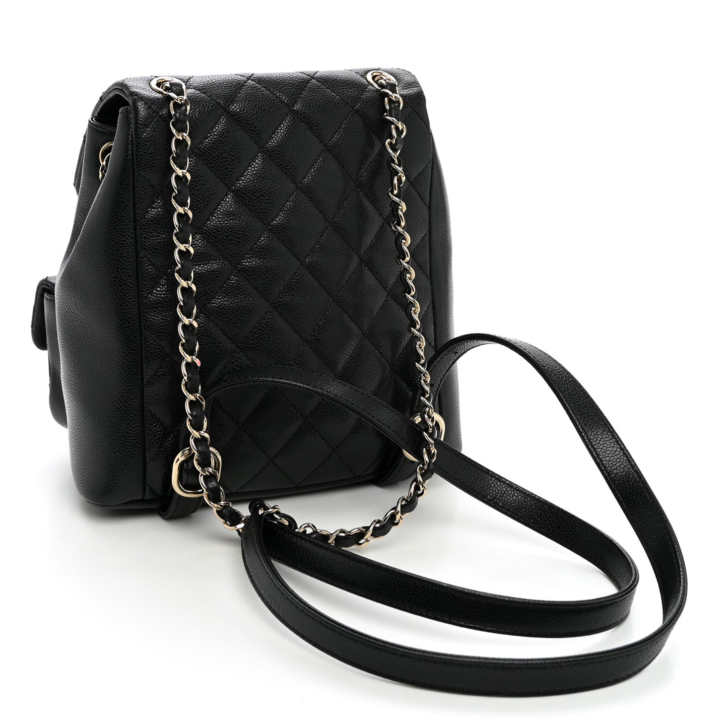 Shiny Caviar Quilted Small Duma Pockets Drawstring Backpack Black