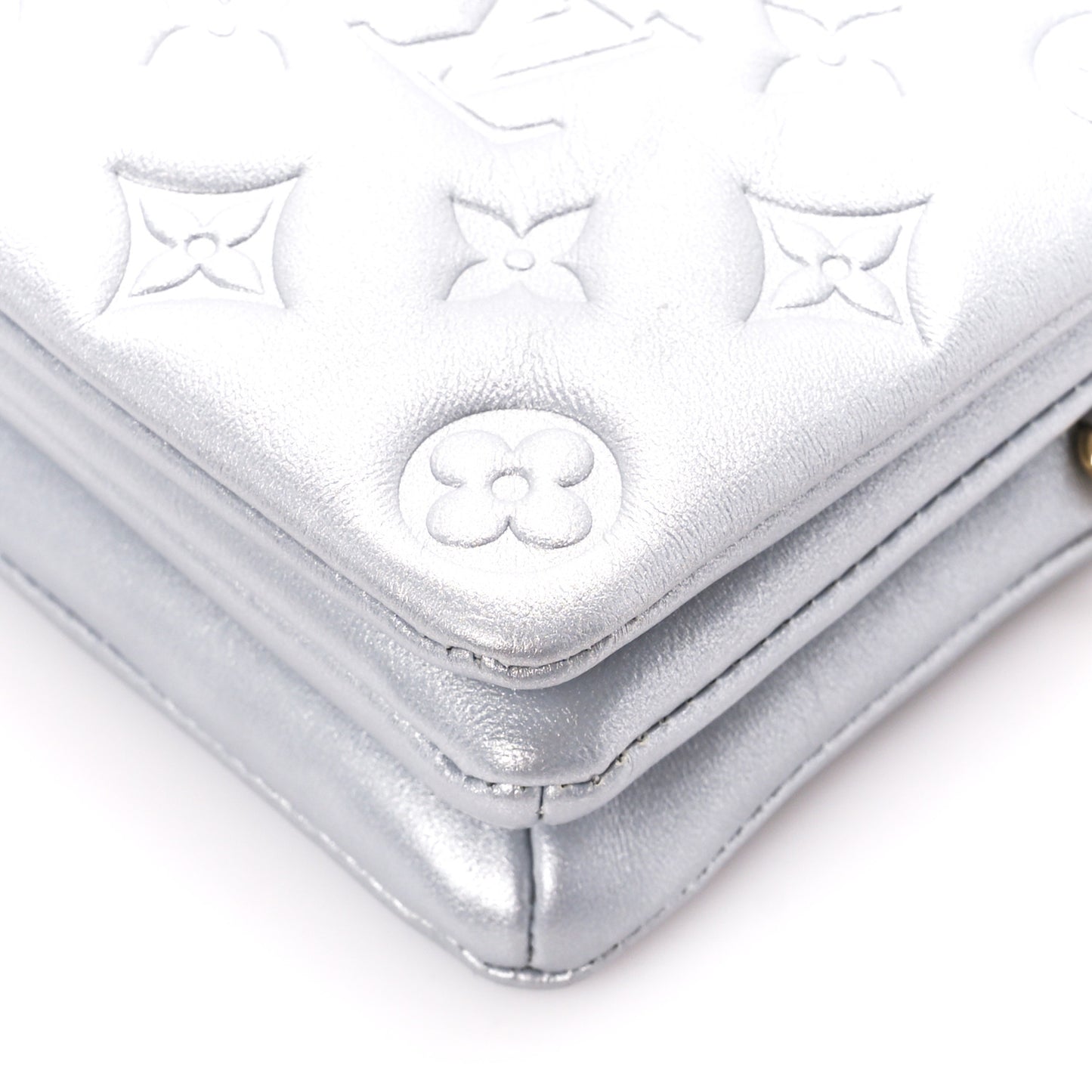 Metallic Lambskin Embossed Monogram Pochette Coussin Silver