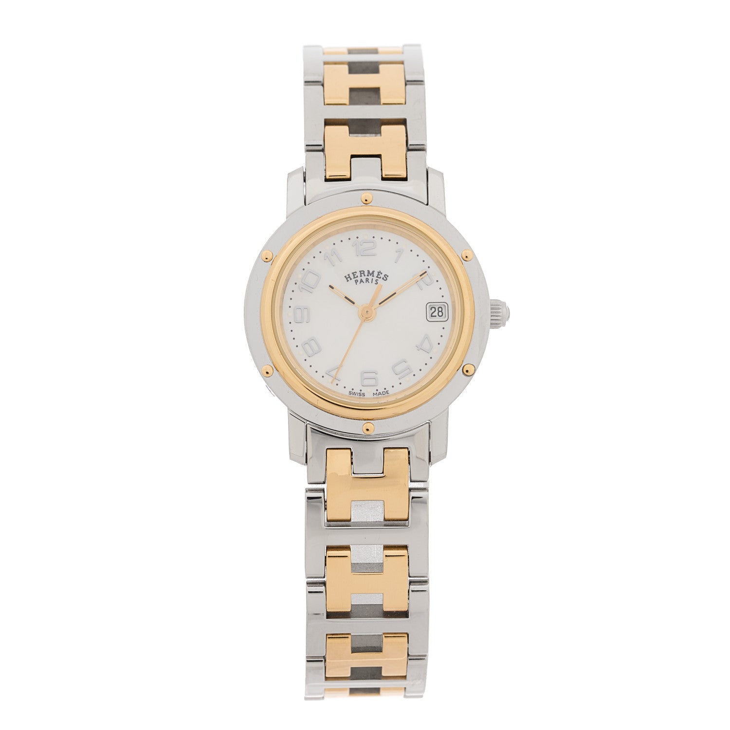 Hermes Stainless Steel Mother of Pearl 24mm Clipper Quartz Watch Gold 1 of 4