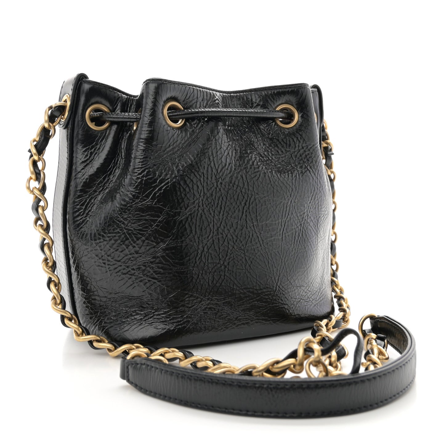 Shiny Aged Calfskin CC Chain Mini Drawstring Bag Black
