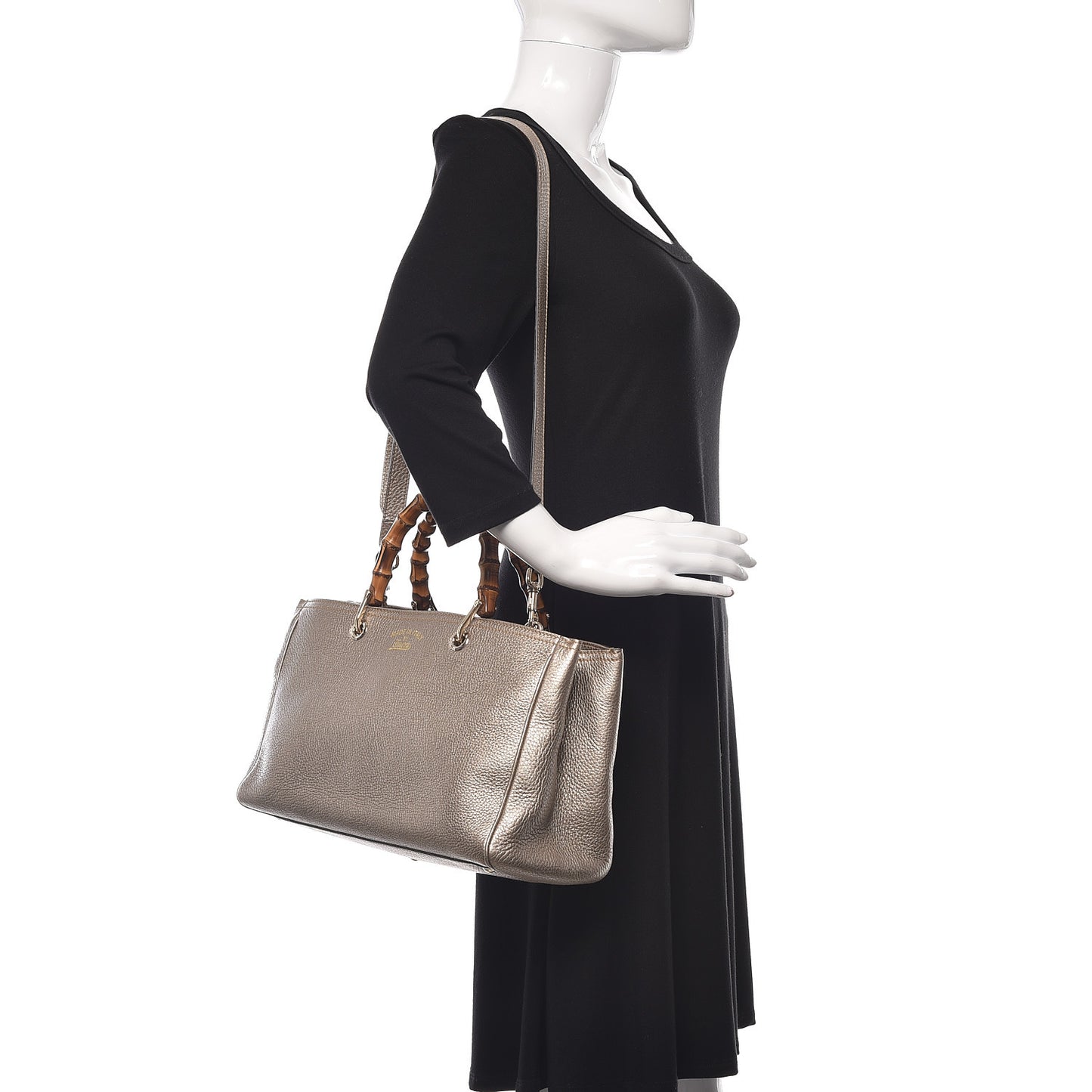 Metallic Pebbled Calfskin Medium Bamboo Shopper Tote Golden Beige