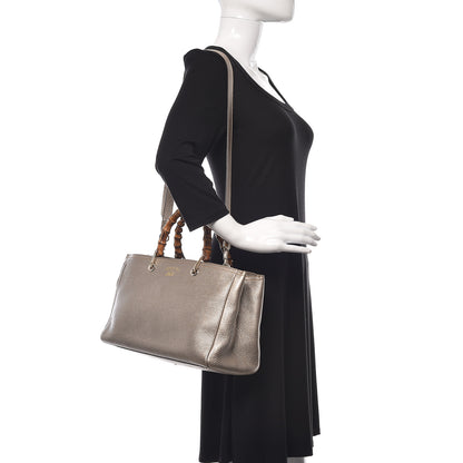 Gucci Metallic Pebbled Calfskin Medium Bamboo Shopper Tote Golden Beige 2 of 10