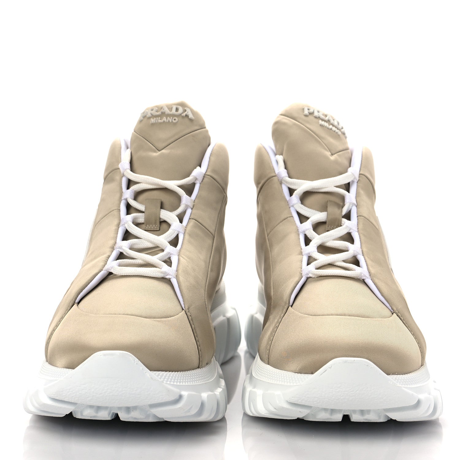 Prada Re-Nylon Gabardine Rubber Triangle Logo Quilted Womens Rush Piuma 50mm Mid Sneakers 40.5 Deserto 2 of 6