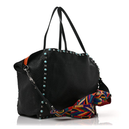 Valentino Garavani Pebbled Calfskin Beaded Guitar Strap Rockstud Rolling Tote Bag Black 2 of 7