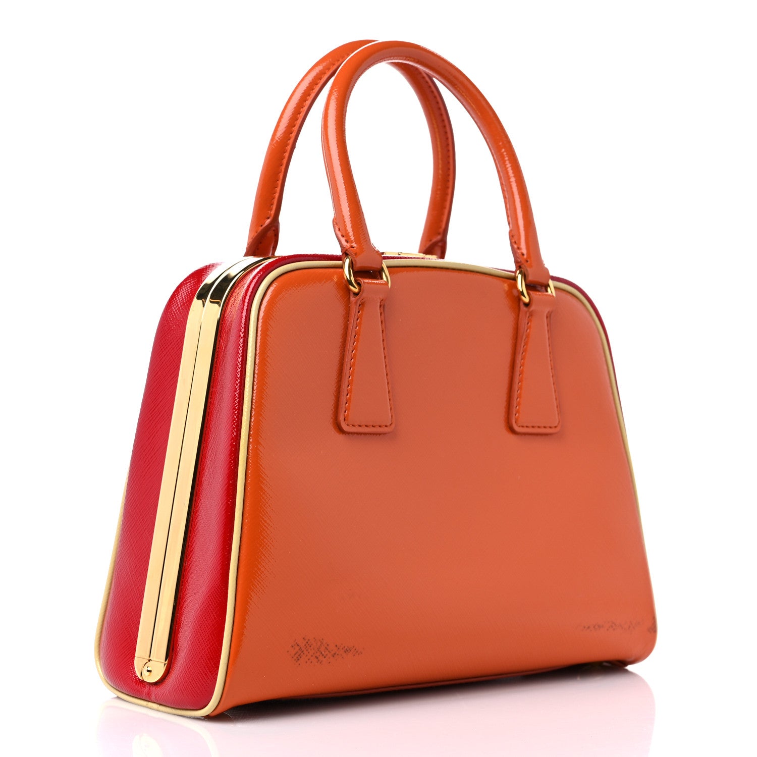 Prada Saffiano Vernice Frame Top Bag Papaya Rosso White