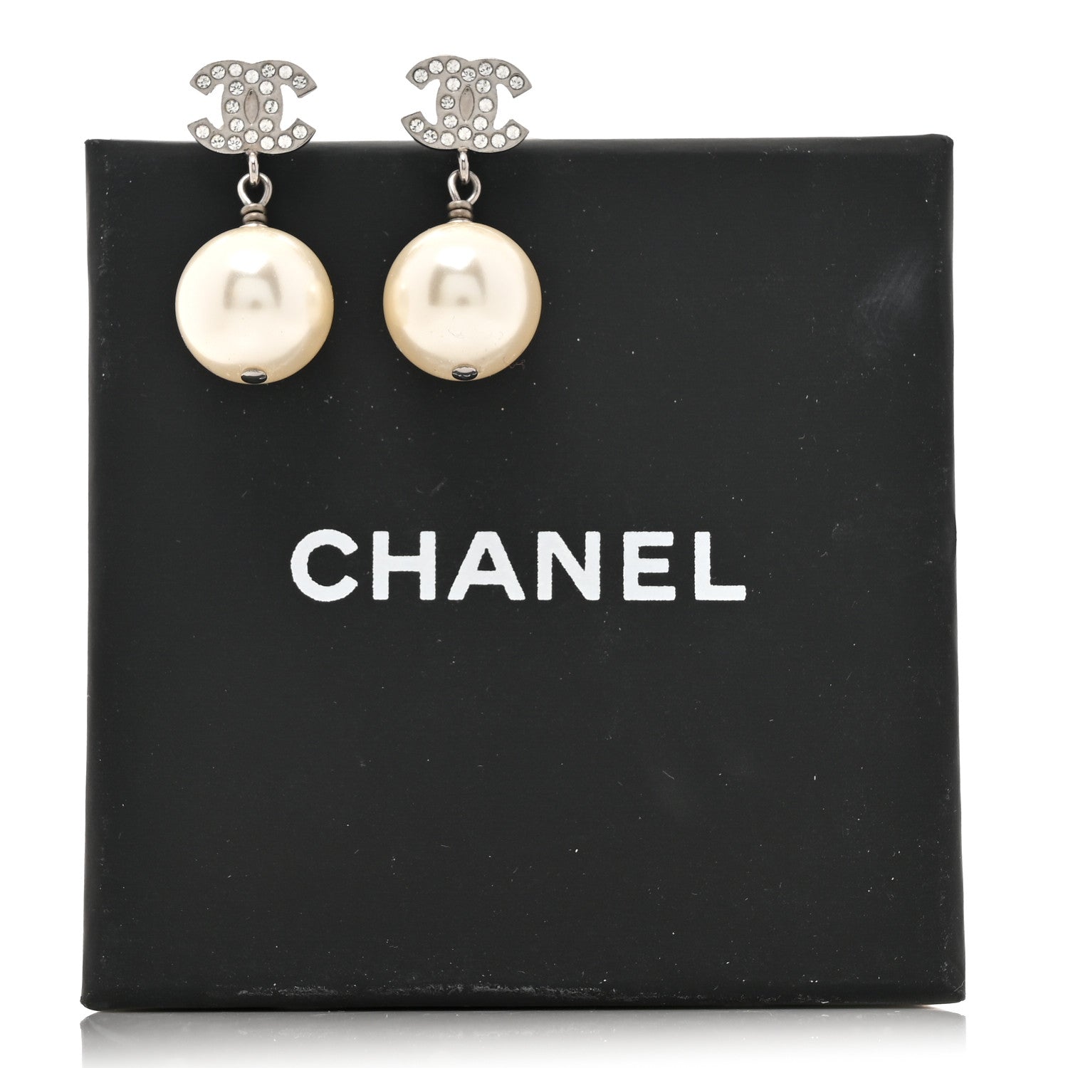 Chanel Crystal Pearl CC Drop Earrings Silver Pearly White 5 of 5