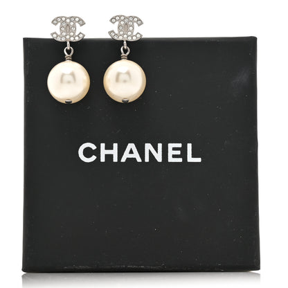 Chanel Crystal Pearl CC Drop Earrings Silver Pearly White 5 of 5